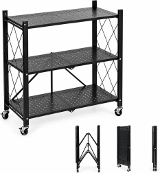 ModernHome Folding Metal Shelving Unit on Wheels with 3 Shelves