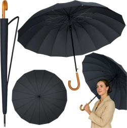 Large automatic umbrella with wooden handle, 24 ribs, 115 cm, black