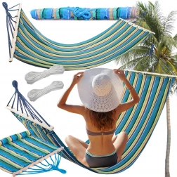 Hamac de jardin avec barre en bois 200 × 80 cm, rayé, capacité 150 kg