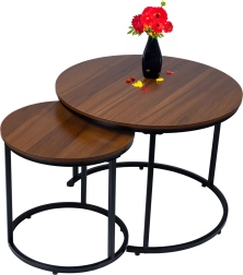 Modernes 2-in-1-Set runder Couchtische im Loft-/Industriestil, Nussbaum