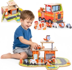 Caserne de pompiers en bois 2-en-1 – garage pliable et véhicule à 2 étages avec accessoires ECOTOYS