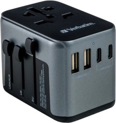 universal travel adapter verbatim uta-03 with pd 30 w and qc 3.0, 3× usb-c and 2× usb-a
