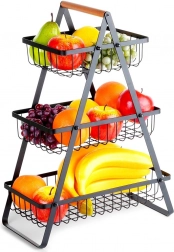 Dreistöckiger Metall-Obstkorb mit Holzgriff, schwarz