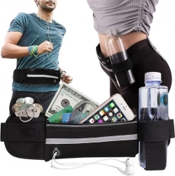 Laufgürteltasche mit Flaschenhalter, Reflexstreifen und Kopfhörerdurchführung – schwarz