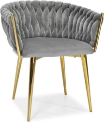 Velvet glam chair with woven backrest and gold legs, gray