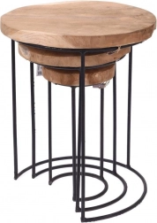 Runde Metall-Beistelltische aus Teakholz – Set mit 3 Stück