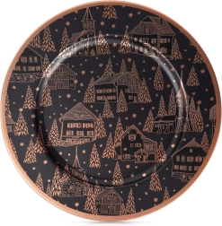 Decorative plate charger, black with copper pattern, 33 cm
