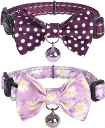 DOGNESS Katzenhalsband-Set 2 Stk – violetter Kalmus und violette Punkte mit Schleife und Glöckchen