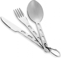 Stainless steel camping cutlery with carabiner, 3-piece