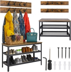 Shoe rack with bench and hanger RUHHY 73 cm, industrial loft, brown top