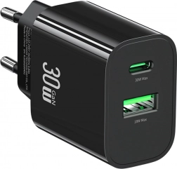 Netzladegerät 30 W mit USB‑C und USB‑A, Schnellladen, schwarz USAMS