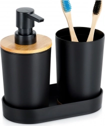 Schwarzes Badezimmerset, 3-teilig, mit Spender und Bambus-Elementen