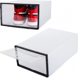 Shoe organizer with flip-down door, modular transparent box