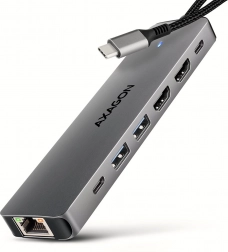 AXAGON HMC-7HX2 hub USB‑C multiports 7‑en‑1 avec 2× HDMI 4K/60 Hz, 2× USB‑A, USB‑C, GLAN et PD 100 W