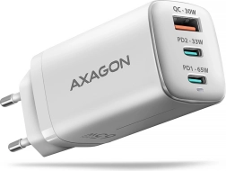 AXAGON GaN 65W Wall Charger, 3 ports (USB‑A + dual USB‑C) PD 3.0/QC 4+/PPS, white