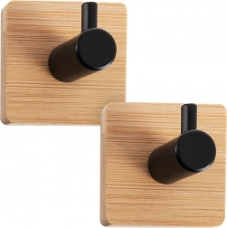 Selbstklebende Wandhaken aus Holz mit schwarzem Metall 4,5 × 4,5 cm – Set mit 2 Stück