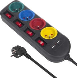 Steckdosenverteiler mit Schaltern 4 Steckdosen + 2xUSB Schwarz