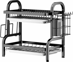 Grand égouttoir à vaisselle à deux niveaux, noir