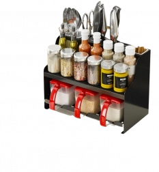 Multifunctional two-tier spice organizer with compartments for kitchen accessories – black