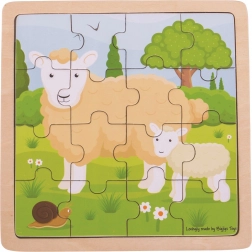 Wooden framed jigsaw puzzle, Sheep with Lamb, BIGJIGS TOYS, 18 pieces