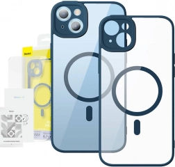 Transparante magnetische case en gehard glas Baseus voor iPhone 14 Plus blauw