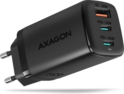 AXAGON GaN 65W Wall Charger, 3 ports (USB-A + 2× USB-C), PD 3.0/QC 4+, PPS, black