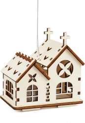 Houten dubbele kerkhuisdecoratie met ophanging en LED-kaars