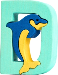 Houten letter D met dolfijn – educatieve inlegpuzzel