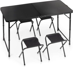 Vilde table de camping pliante avec 4 tabourets, noire, 120 × 60 cm