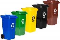 set of 5 waste bins 5×120 l with rubber wheels for paper, glass, plastics/metal, mixed and bio waste