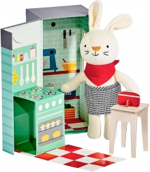 Petit Collage plush bunny in the kitchen