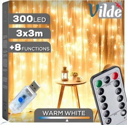 Lichtervorhang mit Fernbedienung, 300 LEDs, 3 × 3 m, warmweiß
