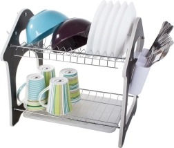 Two-tier dish rack with tray and cutlery holder