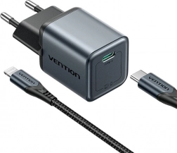GaN USB‑C oplader 20 W met USB‑C – Lightning kabel 1 m (grijs) Vention