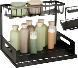 Two-tier metal under-sink organizer, black, pull-out basket