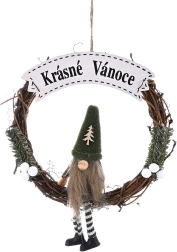 Wooden Christmas wreath with a gnome and the inscription “Merry Christmas”