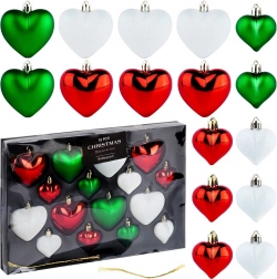 Set onbreekbare kerstornamenten hartjes rood, groen en wit 16 stuks (6,5 cm en 4,5 cm)