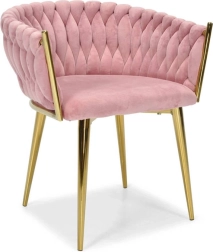 Velvet pink glamour chair with gold legs and braided upholstery