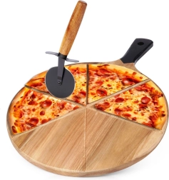 Planche à pizza en bois avec coupe-pizza 30 cm, set 2 pièces réversible