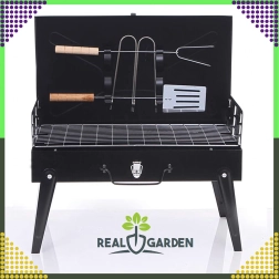 Folding portable travel grill in a suitcase with utensil set