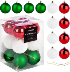 Bruchsichere Christbaumkugeln rot, grün und weiß 6 cm, Set mit 12 Stück