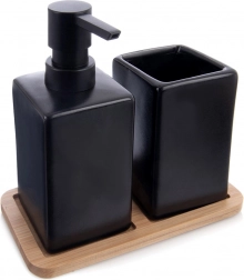 Dolomit-Badset 3-teilig schwarz mit Bambustablett Vilde