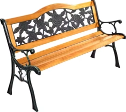 Houten tuinbank met metalen rugleuning