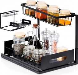 Zweistöckiges Küchenregal mit ausziehbarer Schublade, Metall, schwarz 36 × 27 × 28,5 cm
