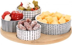 Petites coupelles en porcelaine pour amuse-bouches sur plateau en bambou, ensemble 5 pièces