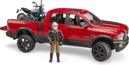 Bruder Ram off-road pickup with Ducati Scrambler motorcycle and figure