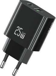 Wall Charger 25 W with 1× USB‑C and 1× USB‑A, Fast Charging, Black