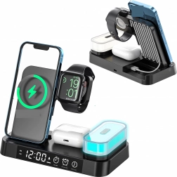Kabellose 4-in-1-Ladestation mit Uhr und Nachttischlampe 15 W für Qi, iPhone, Apple Watch und AirPods