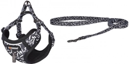Dogness walking set – 1.5 m leash and dog harness (black-and-white)