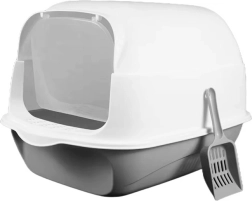 Gesloten kattentoilet met klapbaar bovendeel en schepje